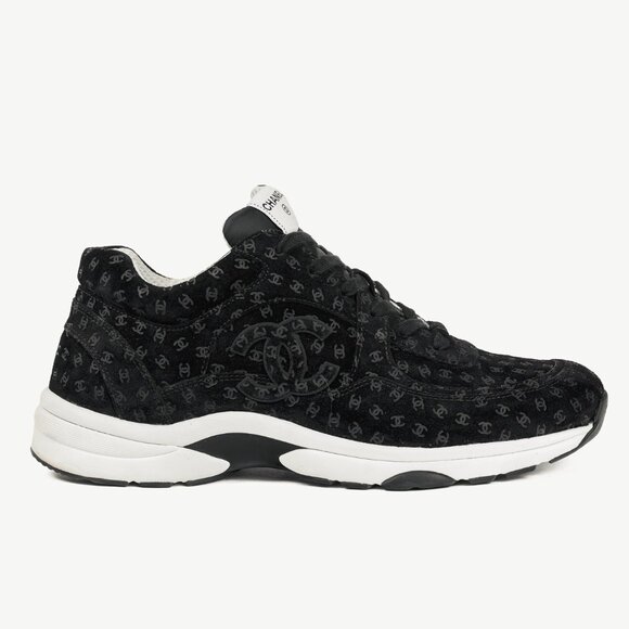 Chanel 22A Black Printed-CC-Logo Suede Low-Top Sneakers - Picture 1 of 15